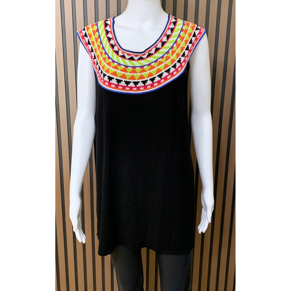 Soft Surroundings Women's Black Knit Tunic Top Embroidered Bib Neon XL